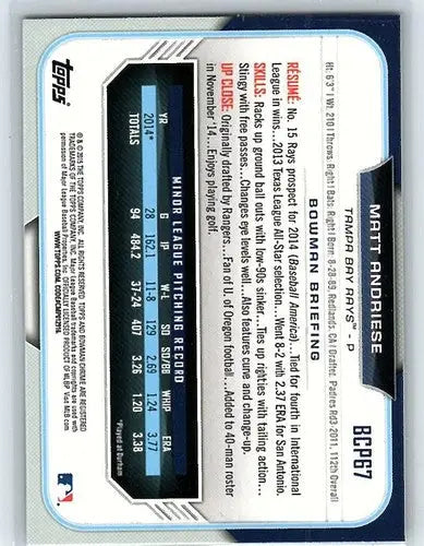 Original gloss Bowman Chrome Prospects Matt Andriese baseball card BCP67 Rays ID 18191