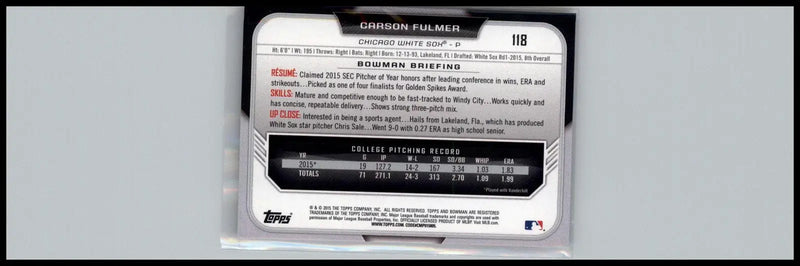 2015 Bowman Draft #118 Carson Fulmer Chicago White Sox - Baseball Card Single