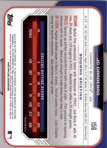 2015 Bowman Draft Paper #156 JC Cardenas NM-MT Blue Jays ID:52073 - Baseball Card Single