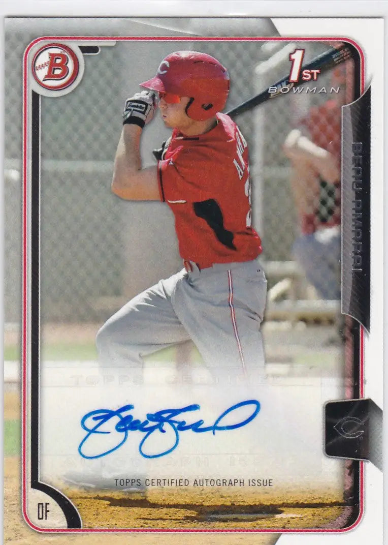 Baseball card of Beau Amaral in red uniform with blue autograph, Cincinnati Reds Bowman Auto