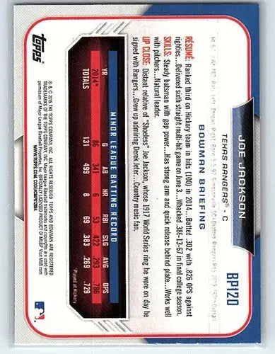 Original gloss of 2015 Bowman Prospects BP120 Joe Jackson rookie baseball card back
