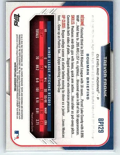 Baseball card back with original gloss for 2015 Bowman Prospects BP129 Trevor Frank Rookie Indians