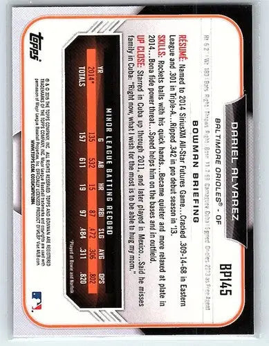 Original gloss of Dariel Alvarez baseball card from Bowman Prospects BP145 RC Orioles
