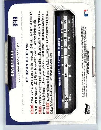 2015 Bowman Prospects BP19 David Dahl rookie baseball card, Rockies ID 71828