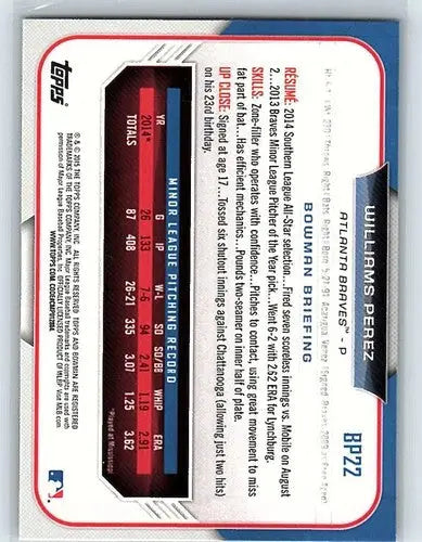 Original gloss of BP22 Williams Perez baseball card from Bowman Prospects 2015 series