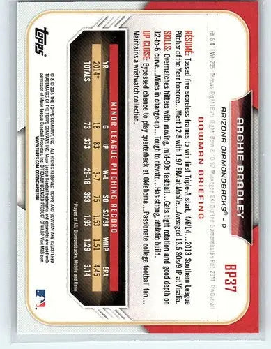 Original gloss baseball card back of BP37 Archie Bradley Bowman Prospects rookie