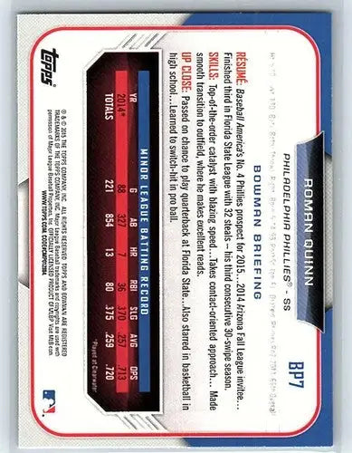 Original gloss baseball card showing 2015 Bowman Prospects BP7 Roman Quinn RC Phillies