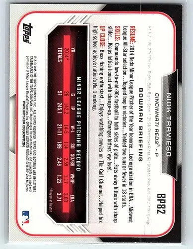 Baseball card back of 2015 Bowman Prospects BP82 Nick Travieso Rookie Reds