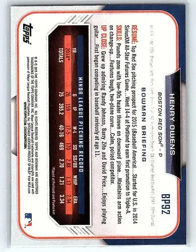 Original gloss BP92 Henry Owens rookie Red Sox baseball card in 2015 Bowman Prospects