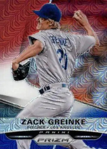 Baseball card featuring Zack Greinke from 2015 Panini Prizm Red White Mojo Prizms
