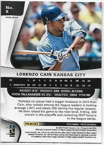 Baseball card featuring Lorenzo Cain from 2015 Panini Prizm Red White and Blue Mojo