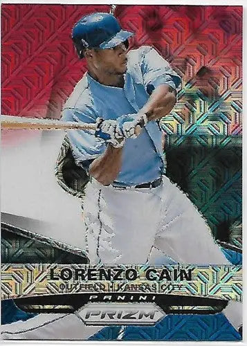 Lorenzo Cain baseball card from 2015 Panini Prizm Red White and Blue Mojo Prizms