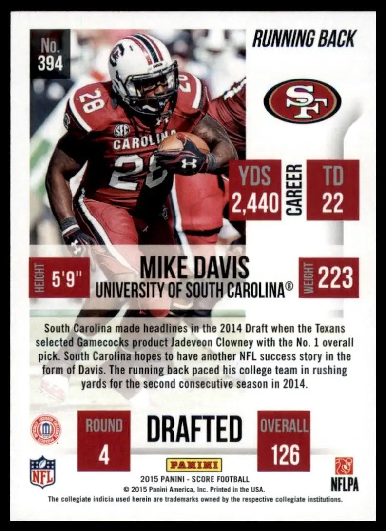 2015 Panini Score Mike Davis Rookie #394 San Francisco 49ers Football Card NFL - Football Card Single
