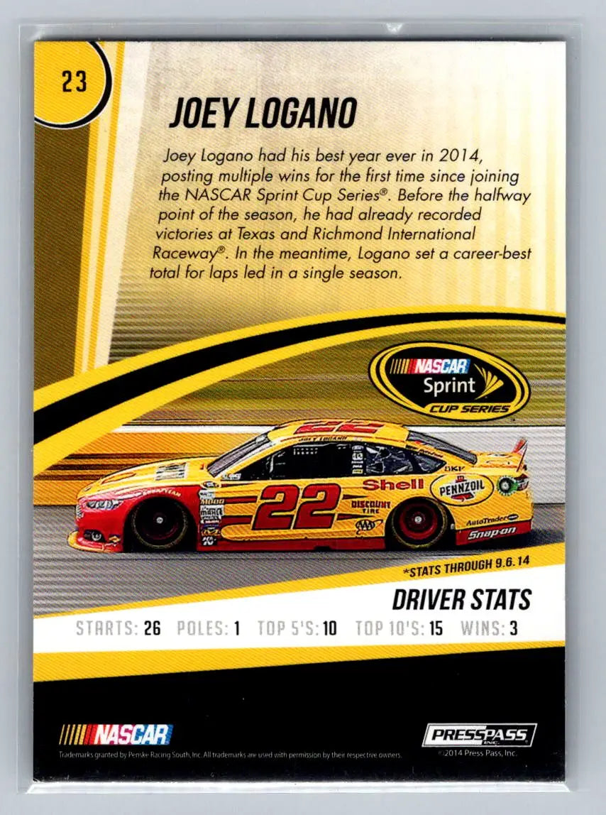 2015 Press Pass Cup Chase #23 Joey Logano Team Penske - Racing Card Single
