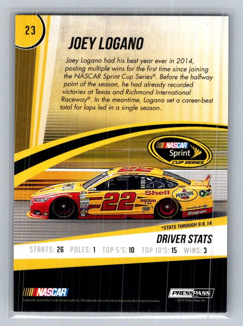2015 Press Pass Cup Chase #23 Joey Logano Team Penske - Racing Card Single
