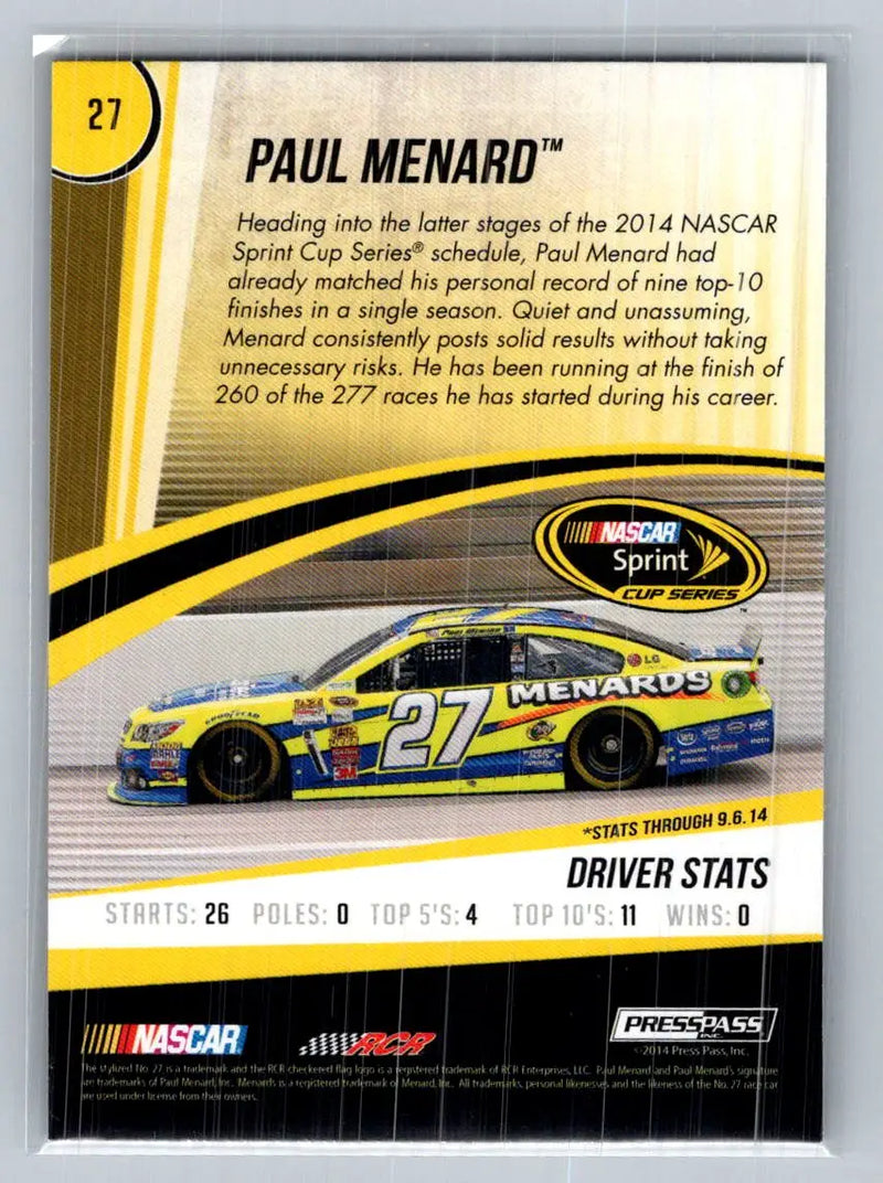 2015 Press Pass Cup Chase #27 Paul Menard Richard Childress Racing - Racing Card Single