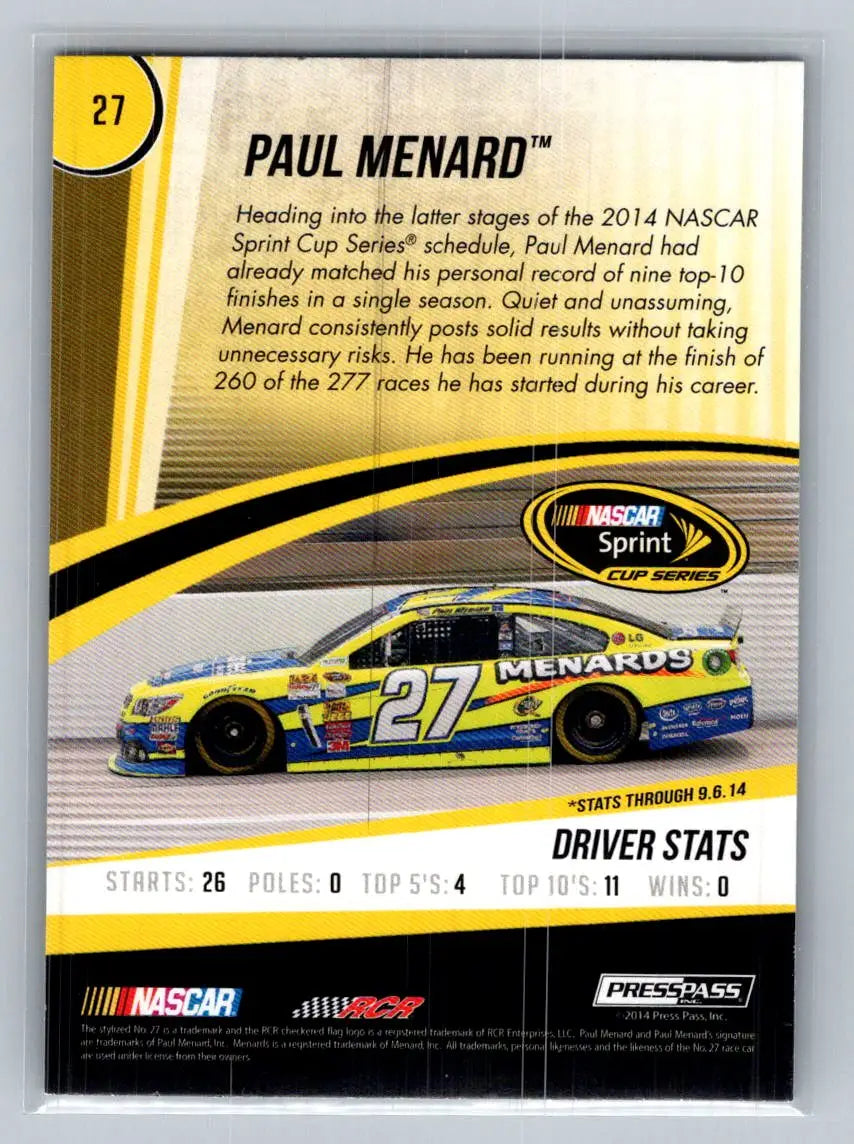 2015 Press Pass Cup Chase #27 Paul Menard Richard Childress Racing - Racing Card Single