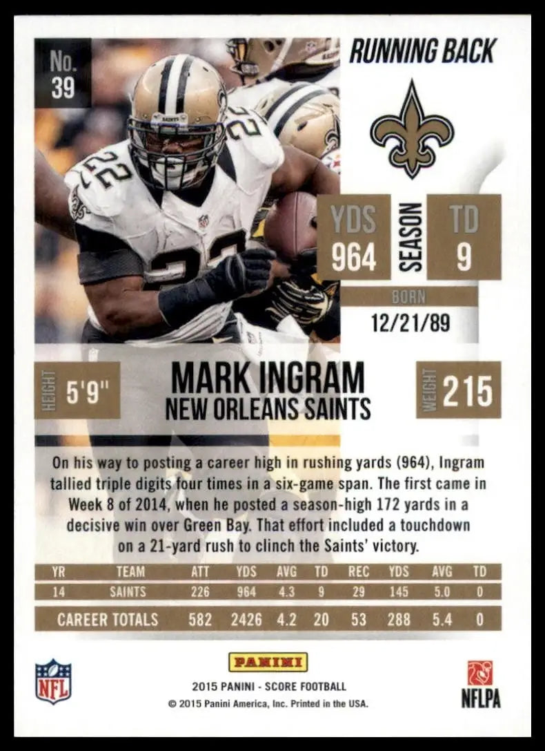 2015 Score Mark Ingram #39 New Orleans Saints Football Card NFL Sports - Football Card Single