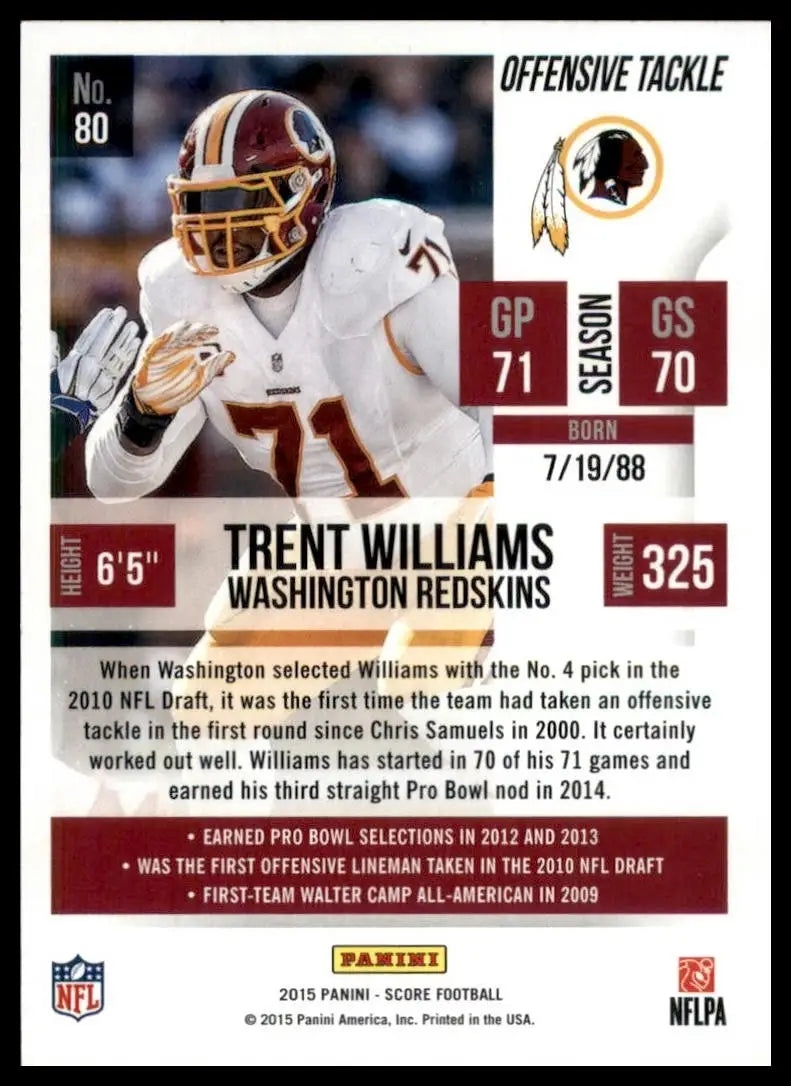 2015 Score Trent Williams #80 Washington Redskins Football Card NFL Sports - Football Card Single