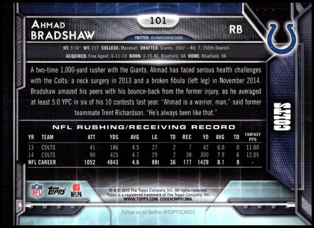 2015 Topps #101 Ahmad Bradshaw NM-MT Indianapolis Colts Football Card - Football Card Single