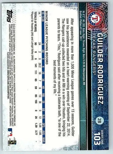 Baseball card back showing Guilder Rodriguez rookie Rangers 2015 Topps #103 original gloss