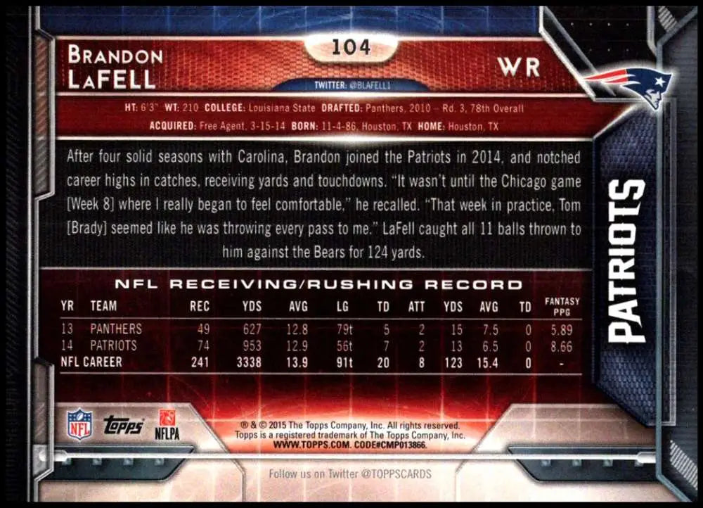 2015 Topps #104 Brandon LaFell NM-MT New England Patriots Football Card