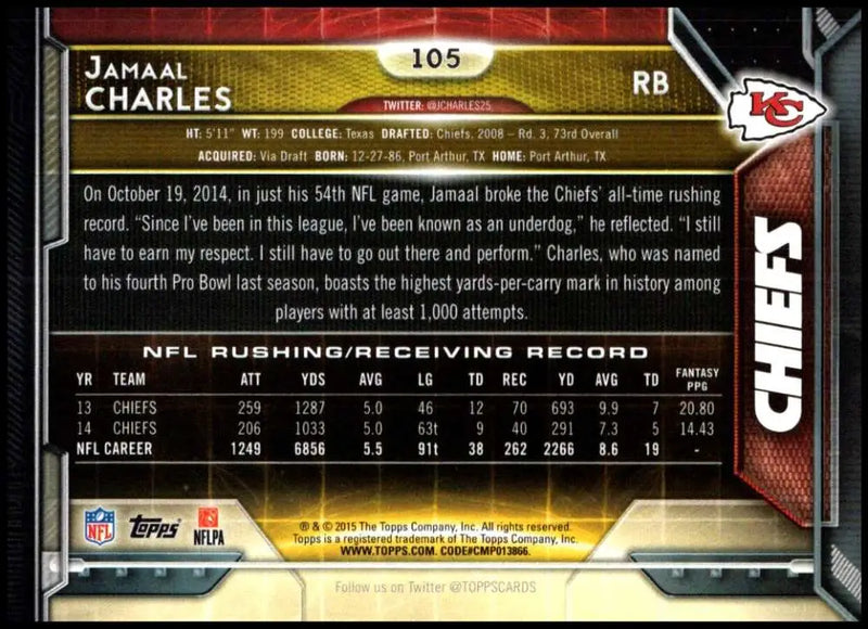 2015 Topps #105 Jamaal Charles NM-MT Kansas City Chiefs Football Card - Football Card Single