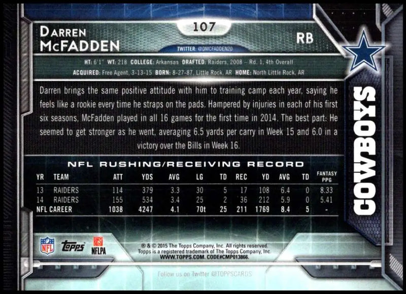 2015 Topps #107 Darren McFadden NM-MT Dallas Cowboys Football Card - Football Card Single