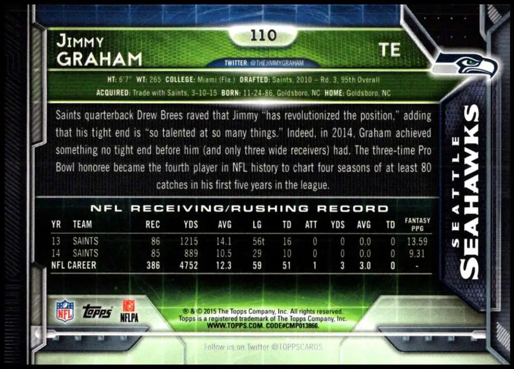 2015 Topps #110 Jimmy Graham NM-MT Seattle Seahawks Football Card - Football Card Single