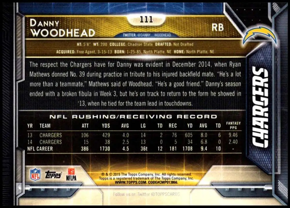 2015 Topps #111 Danny Woodhead NM-MT San Diego Chargers Football Card - Football Card Single