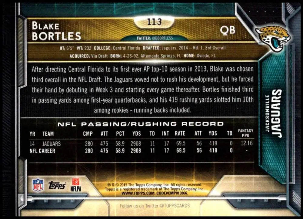 2015 Topps #113 Blake Bortles NM-MT Jacksonville Jaguars Football Card - Football Card Single