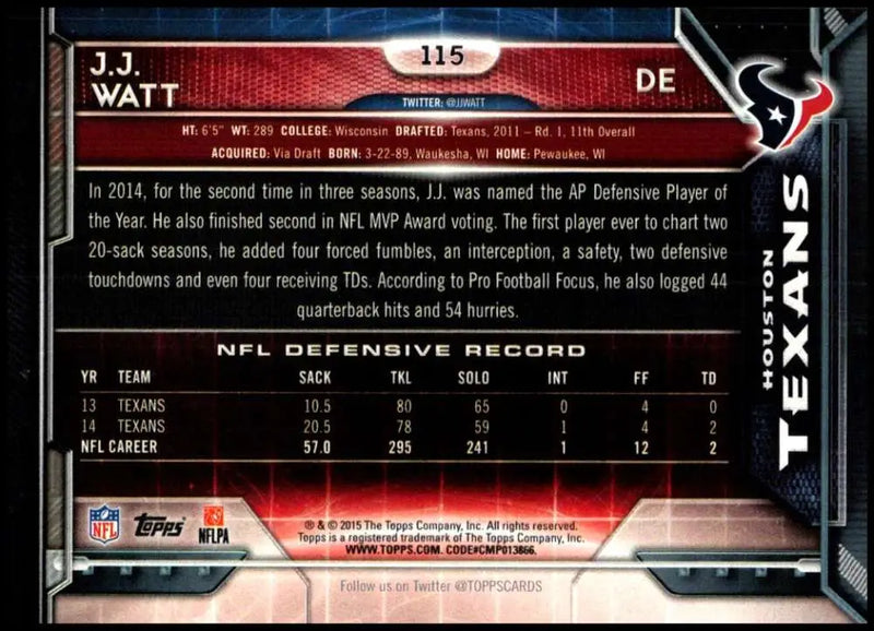2015 Topps #115 J.J. Watt NM-MT Houston Texans Football Card - Football Card Single