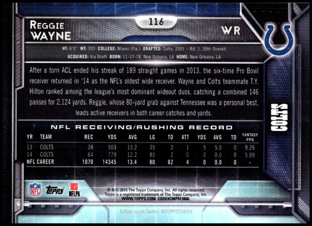 2015 Topps #116 Reggie Wayne NM-MT Indianapolis Colts Football Card - Football Card Single