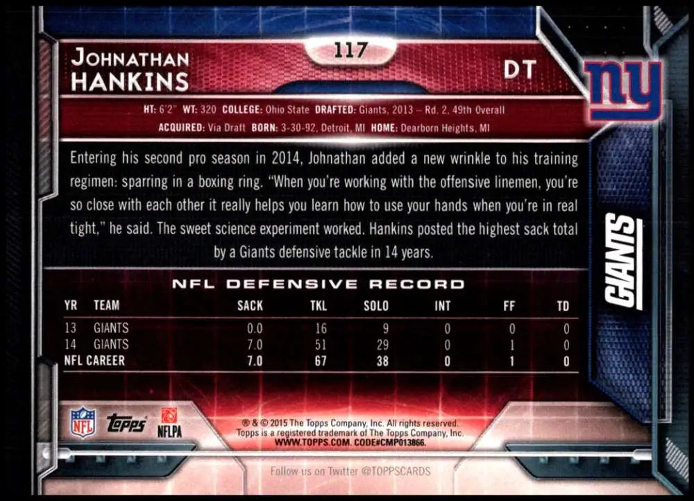 2015 Topps #117 Johnathan Hankins NM-MT New York Giants Football Card - Football Card Single