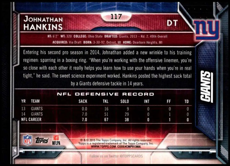 2015 Topps #117 Johnathan Hankins NM-MT New York Giants Football Card - Football Card Single