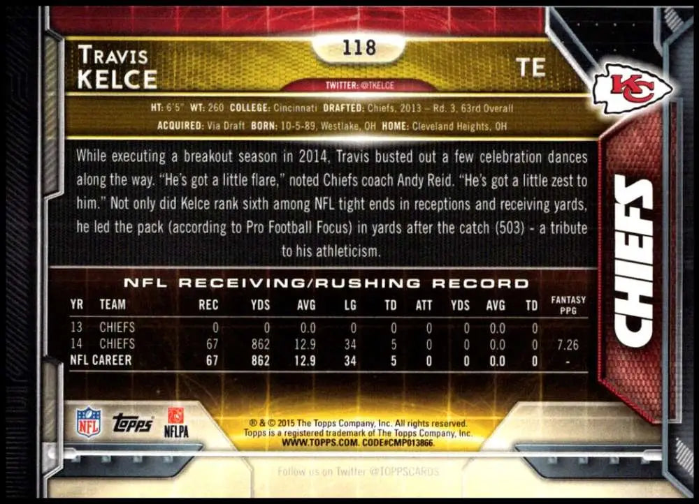 2015 Topps #118 Travis Kelce NM-MT Kansas City Chiefs Football Card