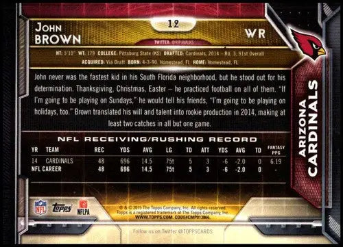 John Brown football card back with original gloss from 2015 Topps #12 Cardinals