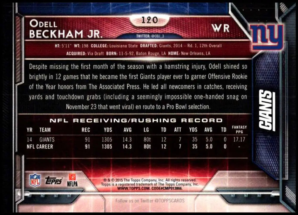 2015 Topps #120 Odell Beckham Jr. NM-MT New York Giants Football Card - Football Card Single