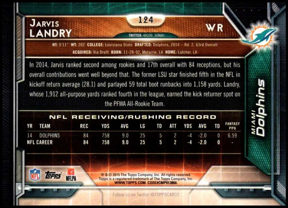 2015 Topps #124 Jarvis Landry NM-MT Miami Dolphins Football Card - Football Card Single