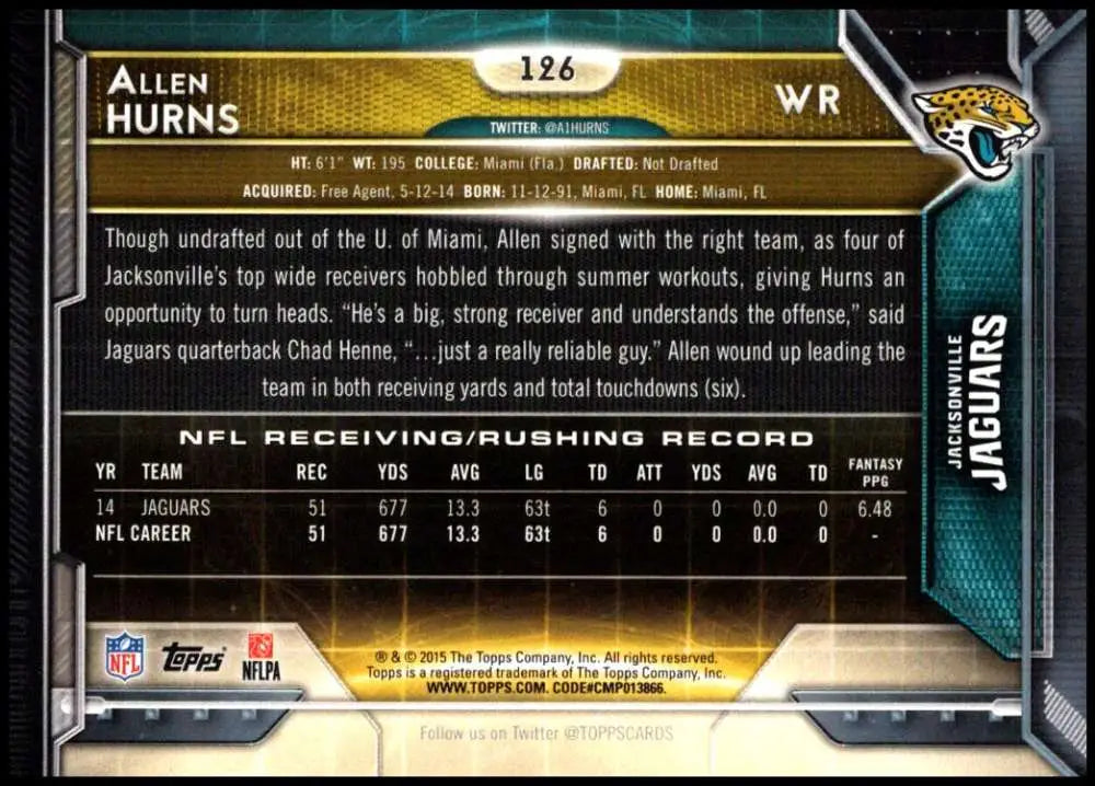 2015 Topps #126 Allen Hurns NM-MT Jacksonville Jaguars Football Card - Football Card Single