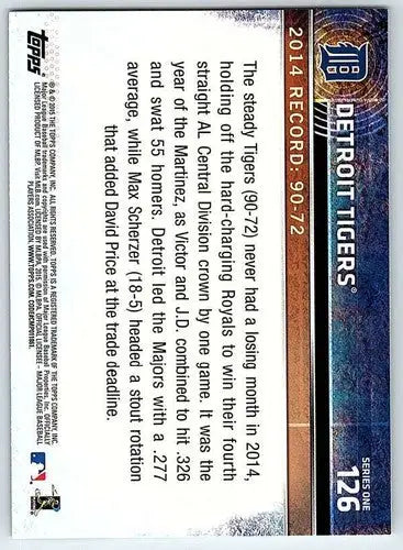 Baseball card back with original gloss from 2015 Topps Detroit Tigers NM-MT