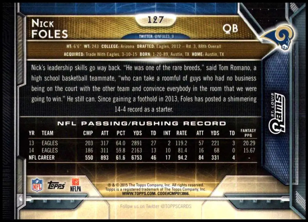 2015 Topps #127 Nick Foles NM-MT St. Louis Rams Football Card - Football Card Single