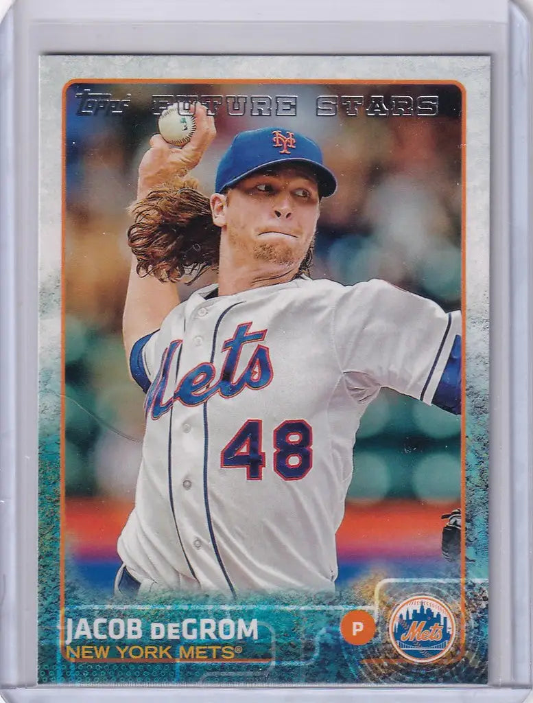 Baseball trading card of Jacob deGrom pitching for the New York Mets in 2015