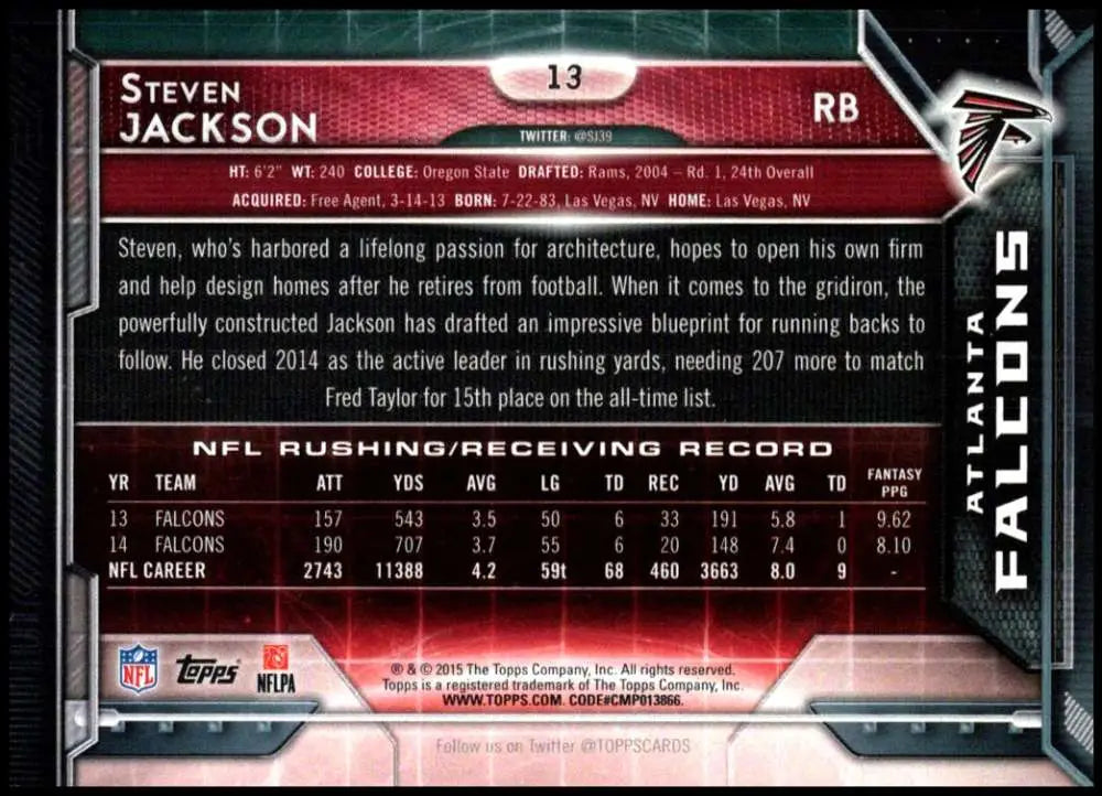 2015 Topps #13 Steven Jackson NM-MT Atlanta Falcons Football Card - Football Card Single