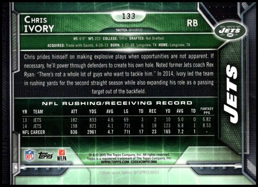2015 Topps #133 Chris Ivory NM-MT New York Jets Football Card - Football Card Single