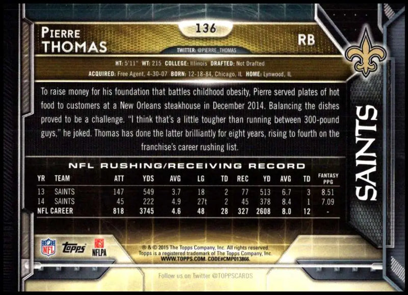 2015 Topps #136 Pierre Thomas NM-MT New Orleans Saints Football Card - Football Card Single