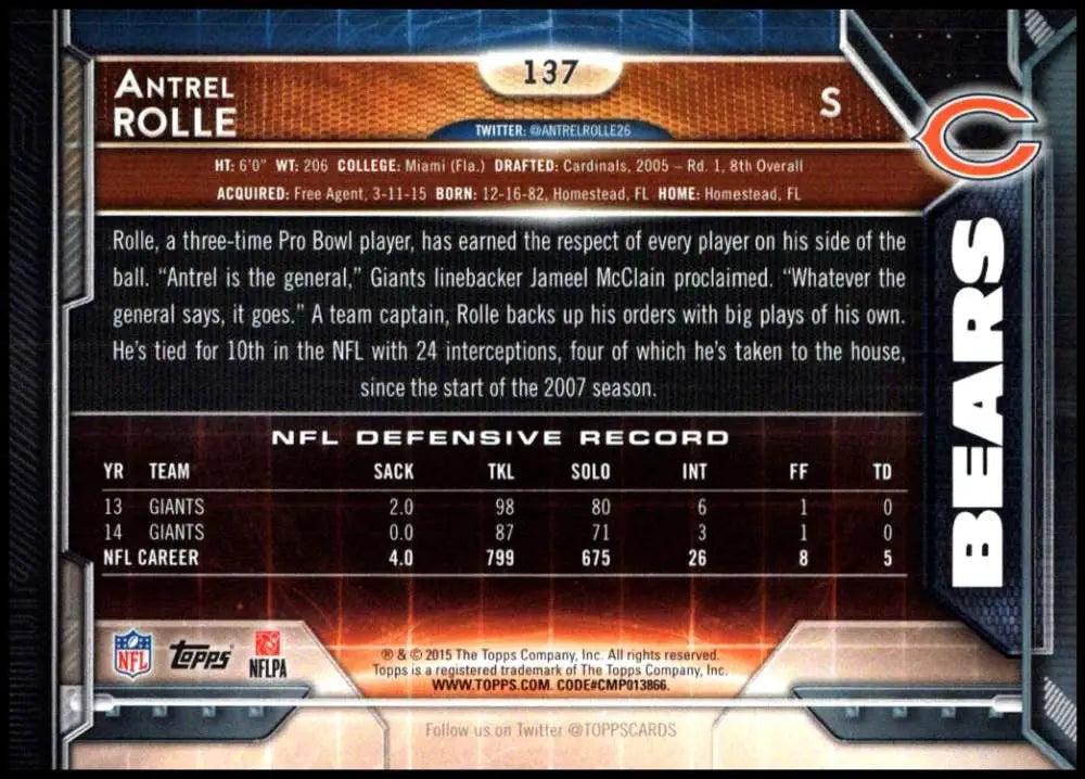 2015 Topps #137 Antrel Rolle NM-MT Chicago Bears Football Card - Football Card Single
