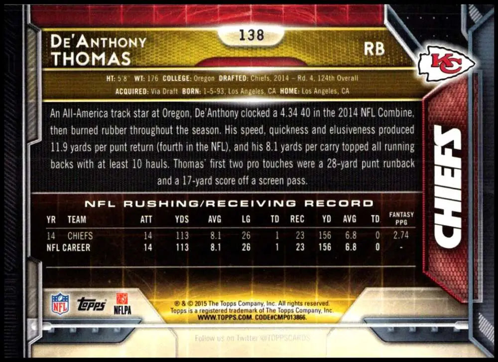 2015 Topps #138 De’Anthony Thomas NM-MT Kansas City Chiefs Football Card - Football Card Single