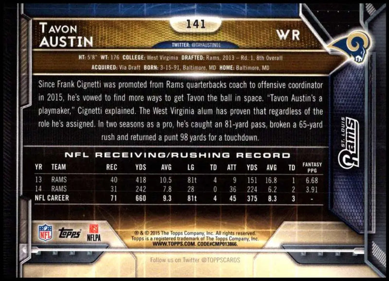 2015 Topps #141 Tavon Austin NM-MT St. Louis Rams Football Card - Football Card Single