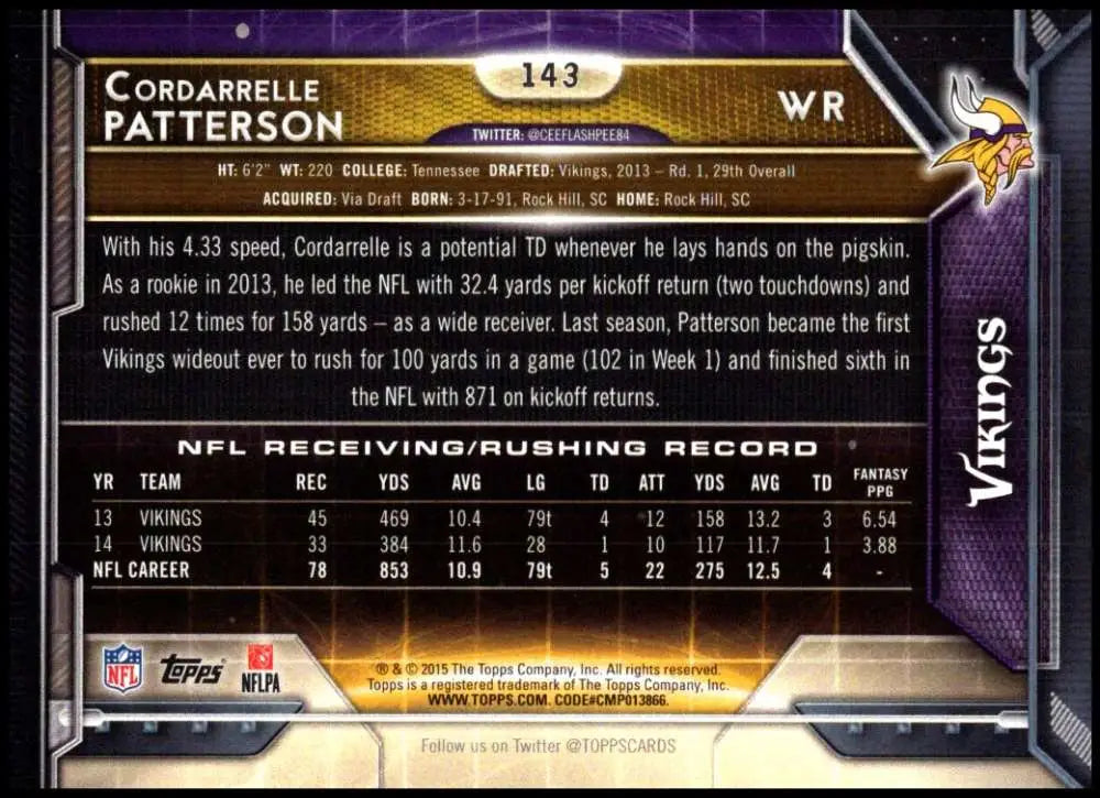 2015 Topps #143 Cordarrelle Patterson NM-MT Minnesota Vikings Football Card - Football Card Single